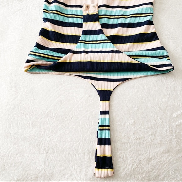 Preppy Colorful Stripe Ribbed V Neck Bodysuit - Picture 3 of 8